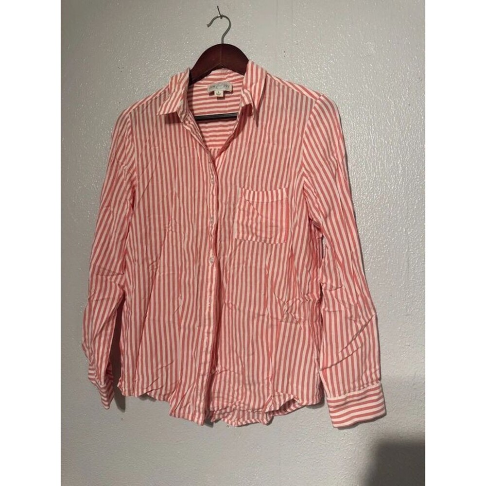 Jun & Ivy Coral Pink White Vertical Striped Button Down Shirt Pocket Small S
